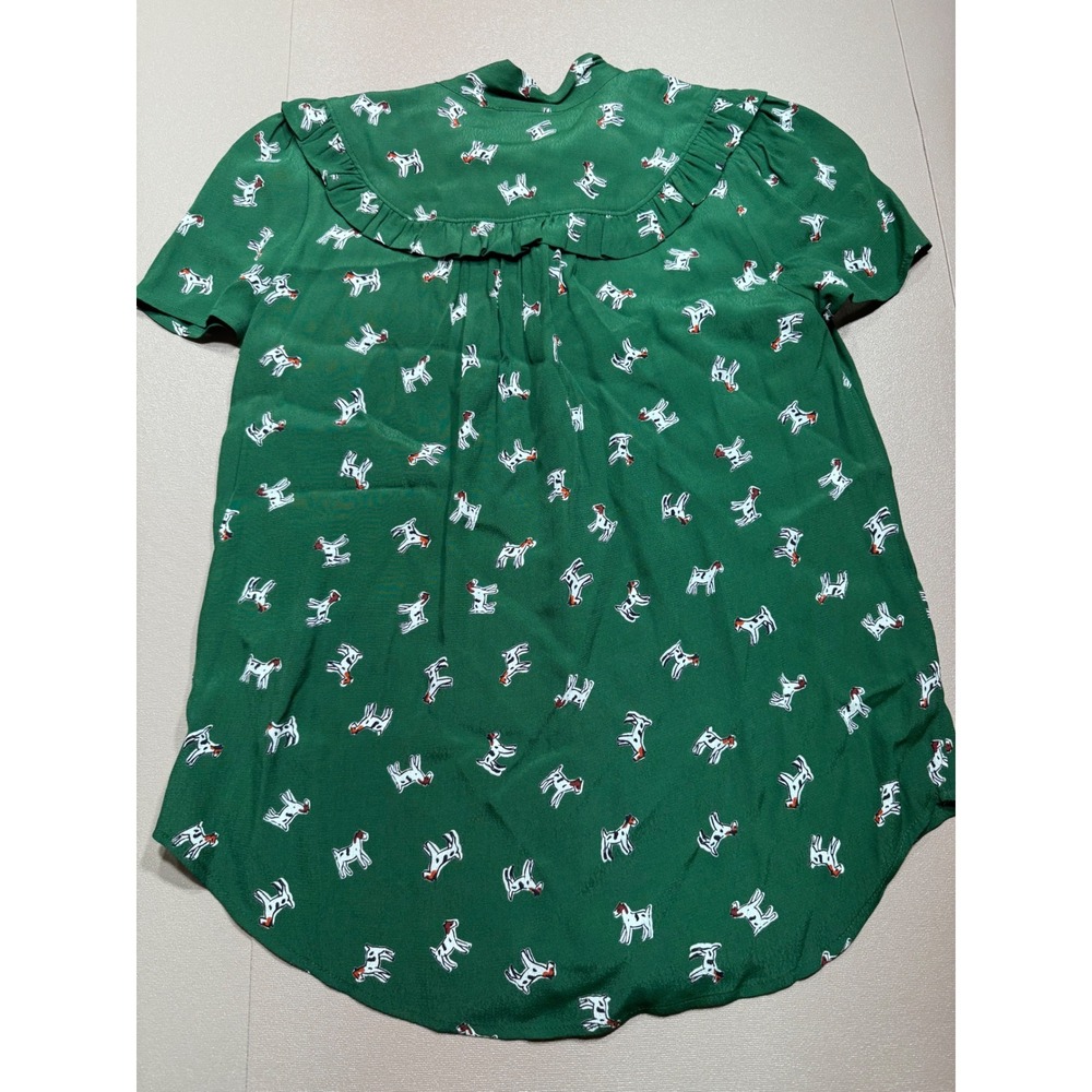 Maeve Anthropologie Green Dog Print Ruffle Tie Neck Blouse XS Short Sleeve Top - Picture 10 of 10